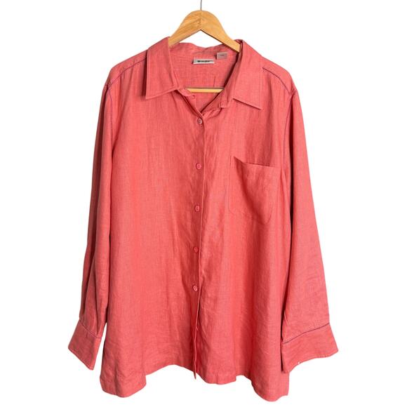UNITS | Coral Linen Long Sleeve Chest Pocket Blouse Ladder Stitch | Size 3X - Picture 1 of 6